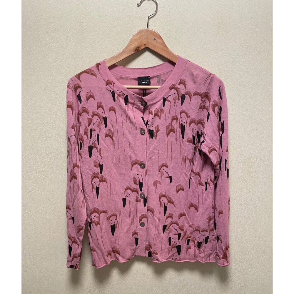 Bitte Kai Rand Womens Flamingo Knit Cardigan Size XS Pink Lightweight Artsy NWT